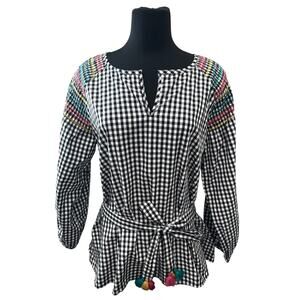 MADEWELL | Black Gingham Peasant Top Embroidered Sleeves Tassel Tie NWT | XL